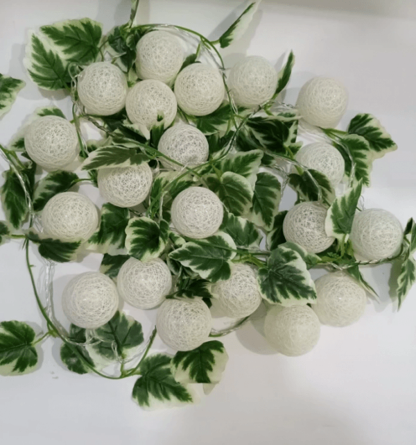 White Cotton Balls With Leafs Fairy Lights